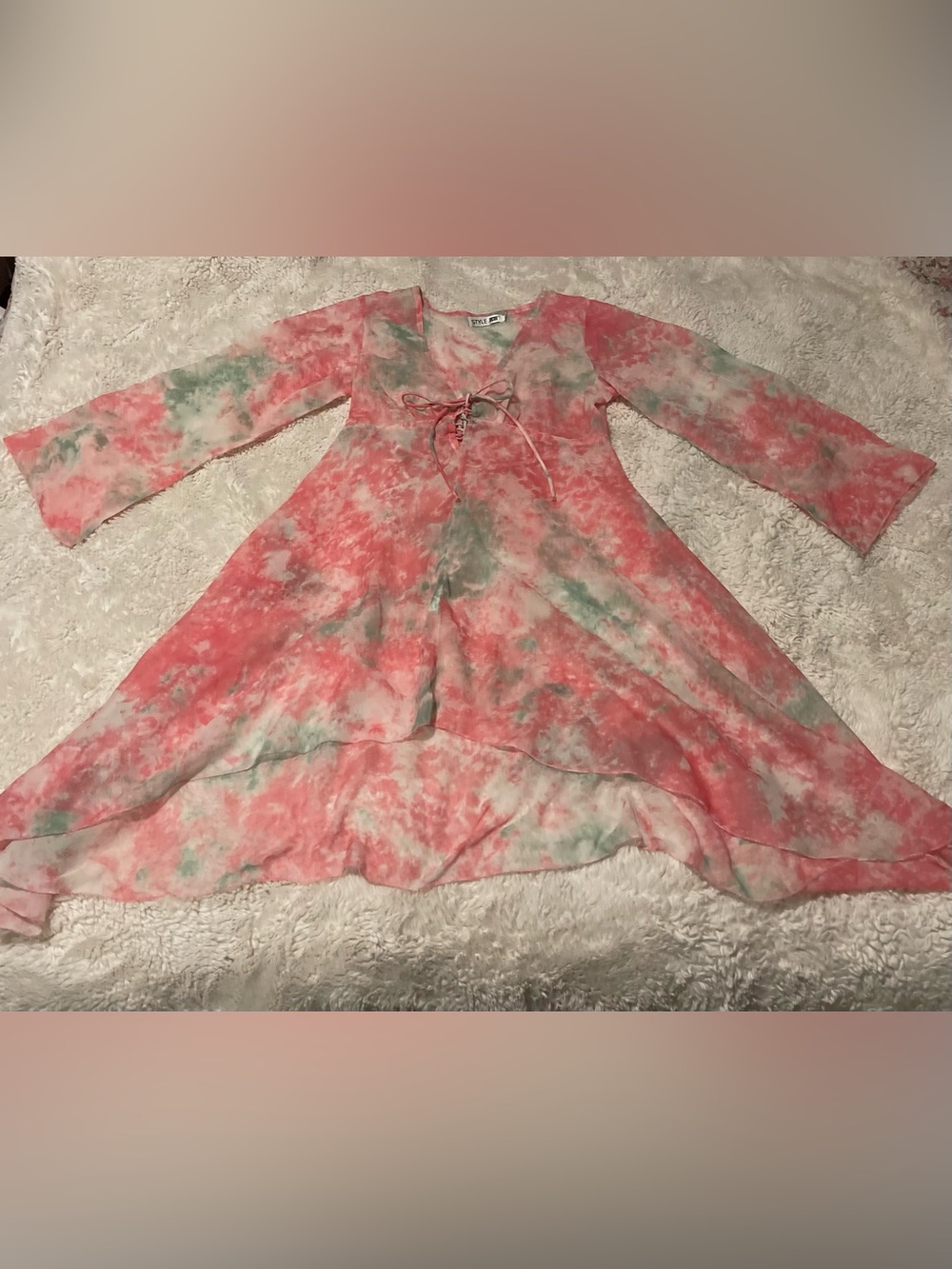 Style 101 Ganz Sheer Tie Dye Dress M Y2K High Low Boho Beach Cover Up Pink/Green